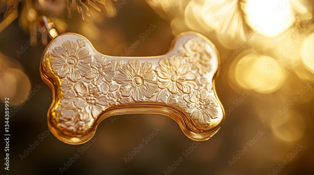 Fototapeta premium shiny gold bone shaped pet ID tag with floral engravings hangs against blurred golden background, adding touch of elegance and charm to pet accessories