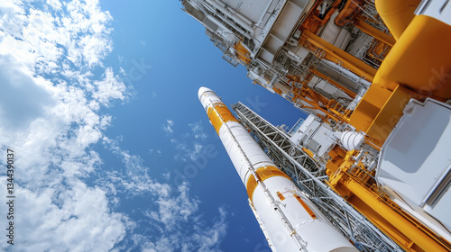 low angle view of rocket launch pad against bright blue sky with clouds, showcasing intricate details of structure