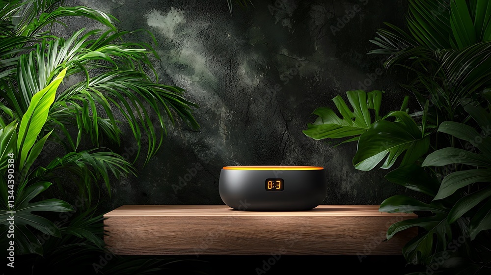Modern device nestled amongst lush tropical foliage on a wooden surface