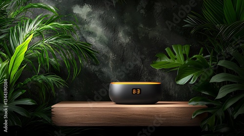 Obraz na płótnie Modern device nestled amongst lush tropical foliage on a wooden surface w salonie