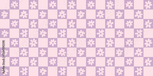 Cute girly floral check vector background, seamless repeating daisy doodle checkered soft pastel groovy retro wallpaper design