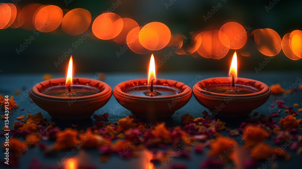 Three Lit Clay Diyas with Flower Petals and Bokeh Lights Diwali Festival Three Lit Clay Diyas with Flower Petals and Bokeh Lights Diwali Festival