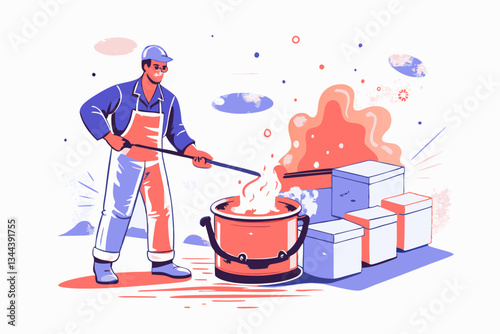 Worker Stirring Cauldron with Molten Material in Industrial Setting - Vibrant Illustration