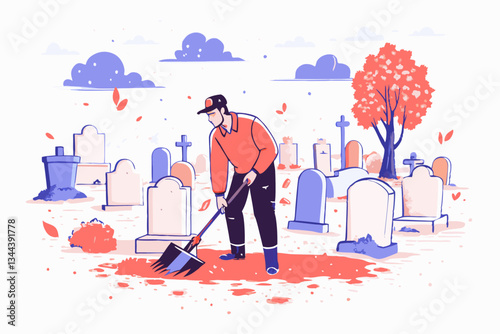 Cemetery Groundskeeper Sweeping Leaves Amid Gravestones in a Serene Autumn Setting