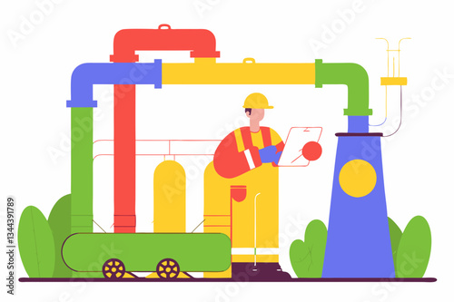 Industrial Engineer Analyzing Multicolored Pipeline Infrastructure with Tablet for Maintenance Efficiency