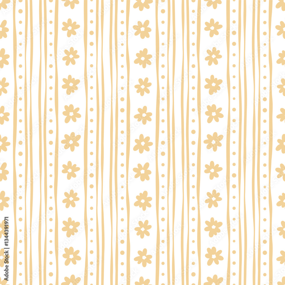 Pastel floral wave stripes with tiny flower doodles, vector repeat pattern with daises, spring print design