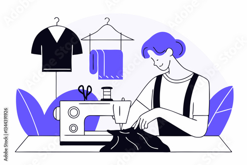 Seamstress at Work with Sewing Machine Crafting Garments in Minimalist Art Style
