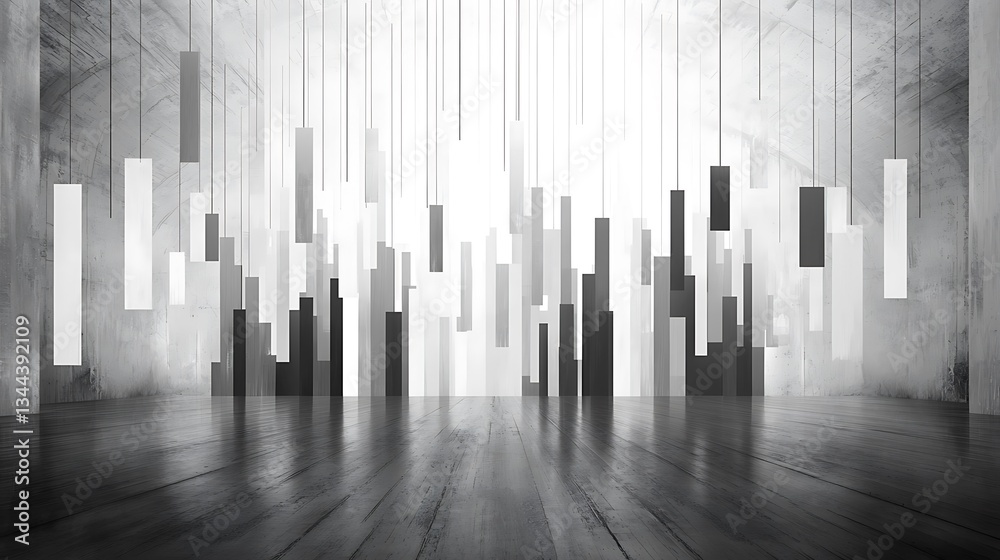 Modern, minimalist, grayscale interior with abstract shapes