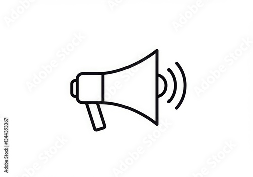 Megaphone icon, simple black and white design, minimalist illustration, sound waves, announcement symbol, marketing concept, loudspeaker pictogram, linear drawing