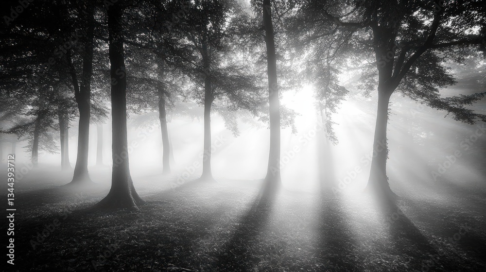 Fototapeta premium Dense fog rolling through high fidelity forest nature scene atmospheric environment mystical viewpoint