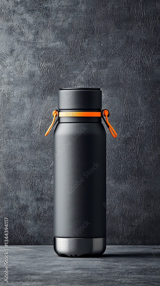 Modern, sleek, black insulated water bottle with orange accents