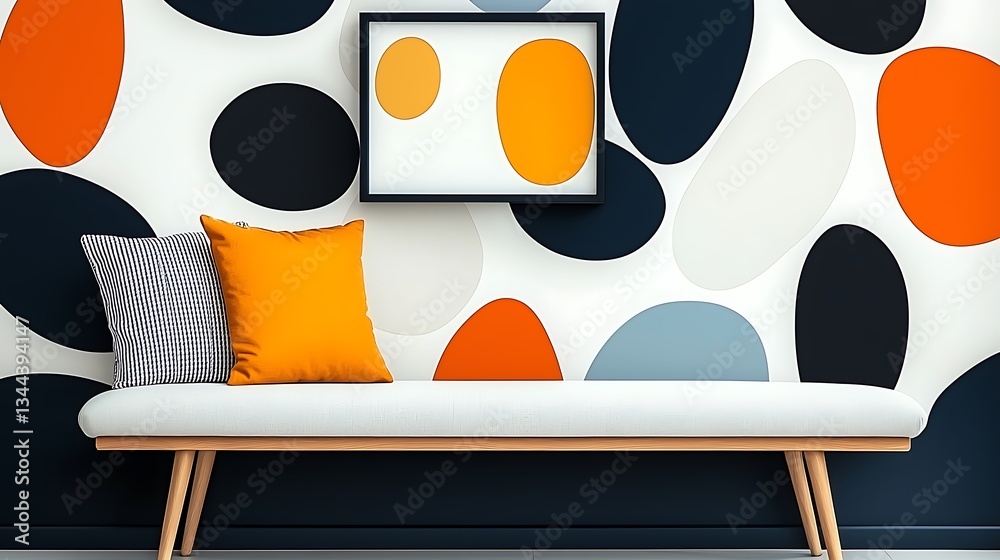 Modern, stylish, colorful living room with a geometric patterned wallpaper, comfortable seating, and artwork