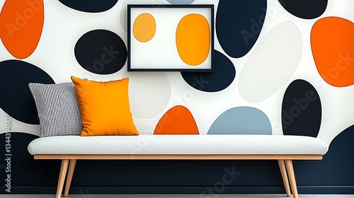 Obraz na płótnie Modern, stylish, colorful living room with a geometric patterned wallpaper, comfortable seating, and artwork w salonie