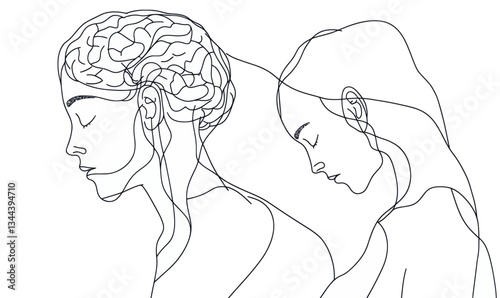 Minimalist Line Art Illustration of Mental Health Struggles and Emotional Grief Concept