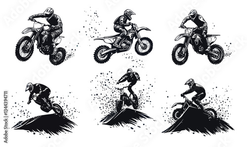 Dynamic Motocross Riders Navigating Obstacles Black and White Vector Illustration
