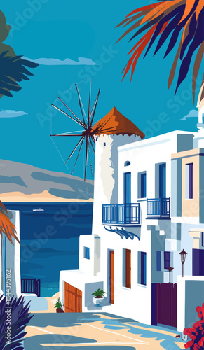 Mykonos Greece Retro Travel Poster with Windmill and Sea View in Minimalist Style