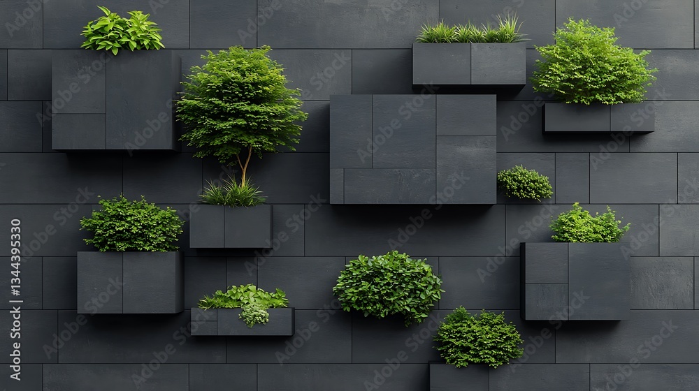 Modern vertical garden design on dark gray wall