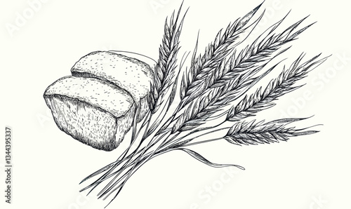 Vintage Wheat Bread and Ears Illustration in Engraving Style for Food and Agriculture Design
