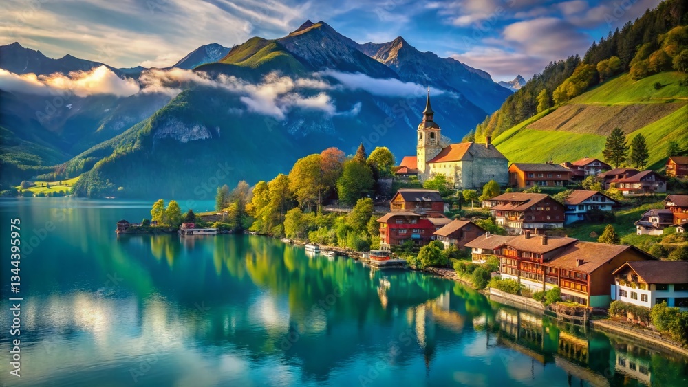 Fototapeta premium Stunning Alpine Village Iseltwald, Lake Brienz, Switzerland: Breathtaking Panoramic View
