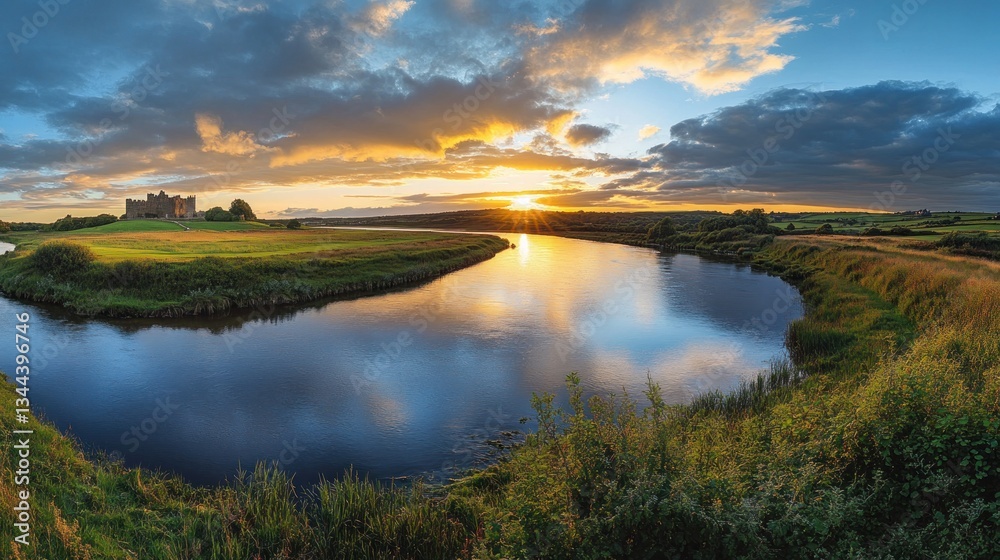Naklejka premium Castle Lough Sunset Panorama, Breathtaking Irish Landscape