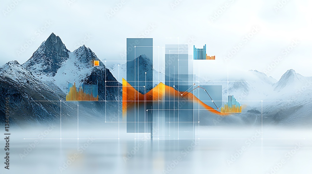 Mountain landscape overlaid with financial data visualizations