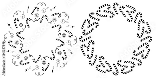 Striped Candy Cane Christmas Decorative elements Snowflakes Circular Frame Copy space Template Set 2