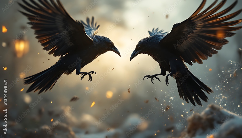 Fototapeta premium Two Ravens Confrontation Dramatic Wildlife Image
