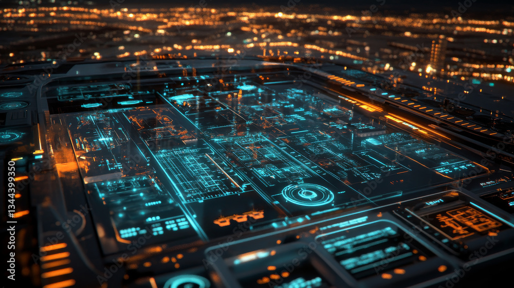 Obraz premium Futuristic technology interface with glowing blue and orange elements, showcasing intricate circuit designs and data patterns against city skyline backdrop. scene evokes sense of advanced