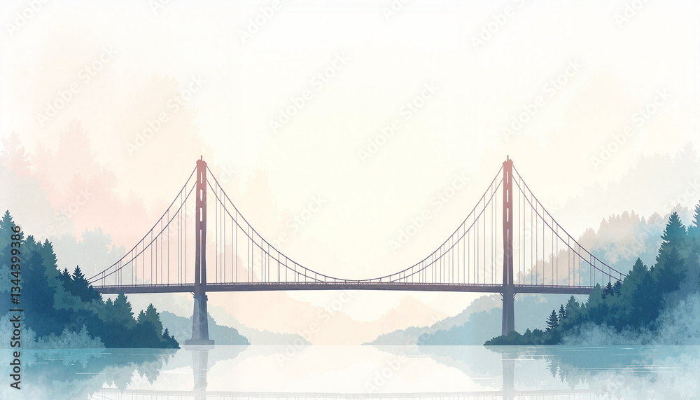 Fototapeta premium Delicate watercolor suspension bridge over serene water, peaceful nature