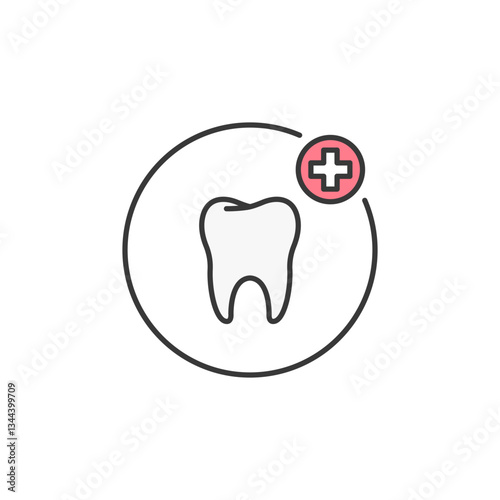 A detailed representation of dental care. A tooth symbol enclosed in a circle with a cross accent, emphasizing professionalism, hygiene, and trust in dentistry services