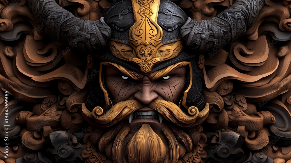 Fototapeta premium Intricate Portrait of a Fierce Norse Warrior with Detailed Helmet Art