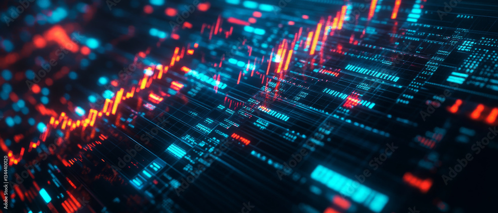 visually striking depiction of digital data visualization, showcasing vibrant blue and red lines representing fluctuating data trends. intricate patterns evoke sense of dynamic movement and visually striking depiction of digital data visualization, showcasing vibrant blue and red lines representing fluctuating data trends. intricate patterns evoke sense of dynamic movement and