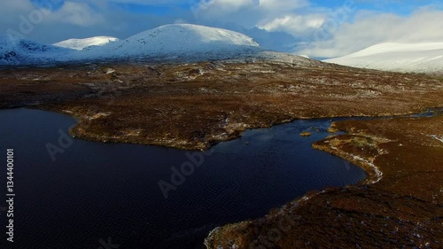 Aerial view of Loch Shin and Ben More Assynt in the Scottish Highlands of Scotland UK