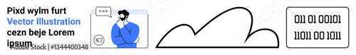 Man thinking with chat bubble, minimalist line cloud, binary code. Ideal for communication, technology, brainstorming, data analysis, cloud storage, coding simple landing page