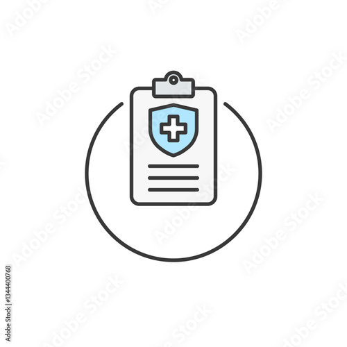 Icon featuring a clipboard with a shield and cross, signifying organized healthcare support and protective insurance services for well-being