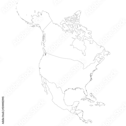 North and Central America map. Map of Central and North America continent map with countries map in white color