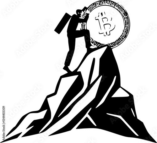 A person climbing a mountain of coins monochrome illustration finance success savings goal achievement challenge money wealth growth ambition progress business investment motivation inspiration minima