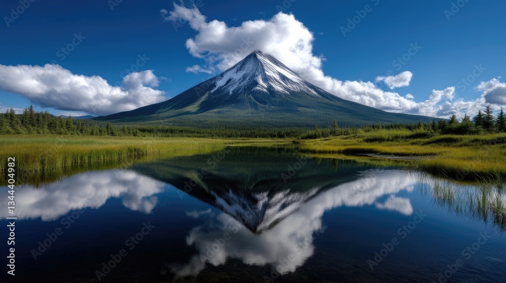 Naklejka premium Mountain reflected in lake, clouds