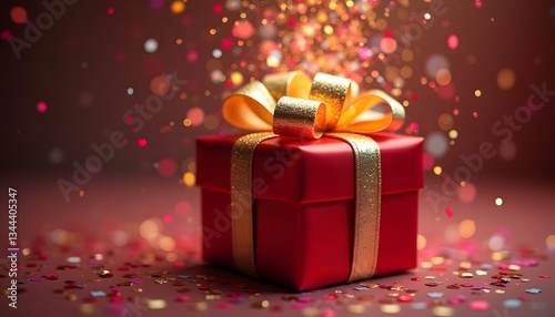 Festive Red Gift Box with Sparkling Background