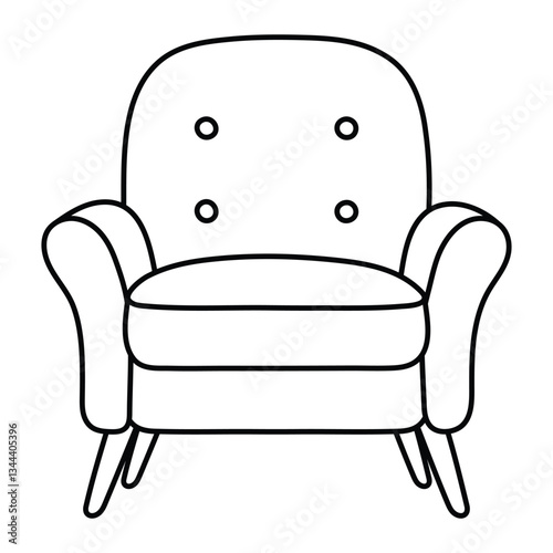 Cozy armchair vector illustration. Hand-drawn doodle of vintage upholstered furniture. Black line art isolated on white background.