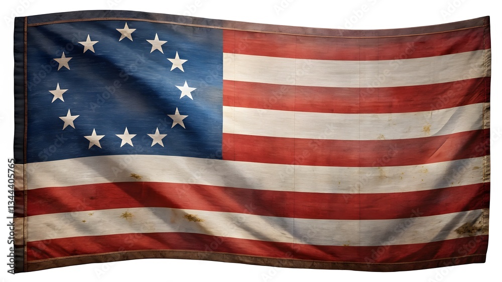 Betsy Ross Flag, thirteen stars, waving, vintage, grunge