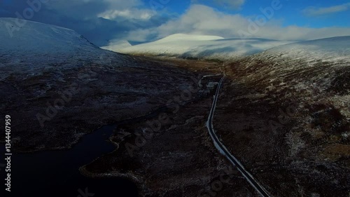 Aerial view of Loch Shin and Ben More Assynt in the Scottish Highlands of Scotland UK