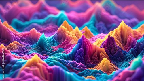 Vibrant colorful Rainbow style Landscape with 3D Topographical Peaks & Valleys motion waves - Surreal Digital Artwork, Gradient design element for backgrounds, wallpapers, posters and covers