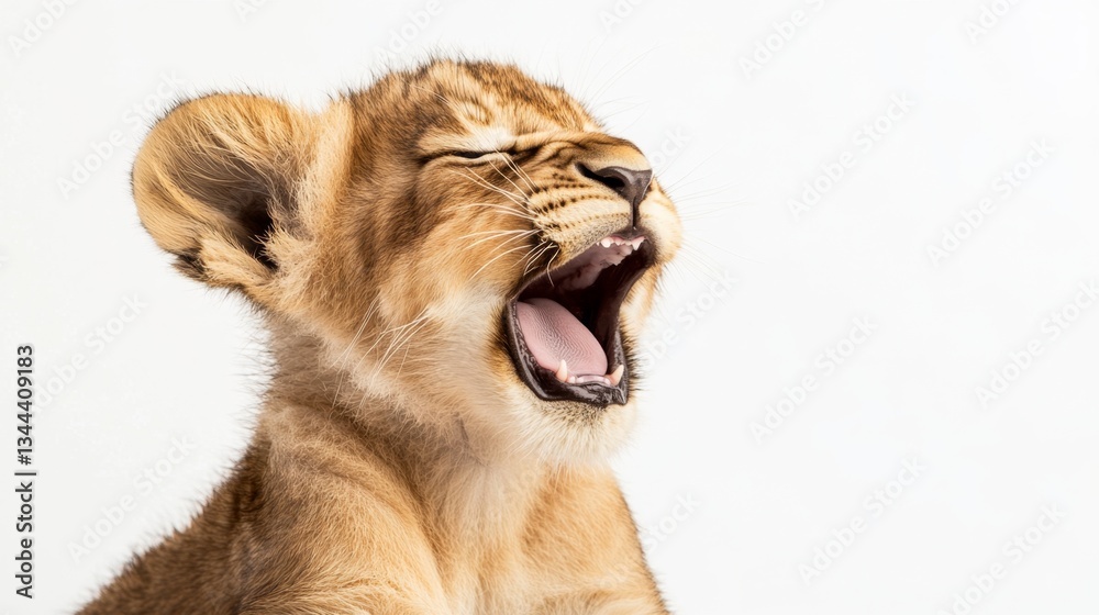 Obraz premium Lion cub yawning indoor studio animal portrait bright light close-up playfulness