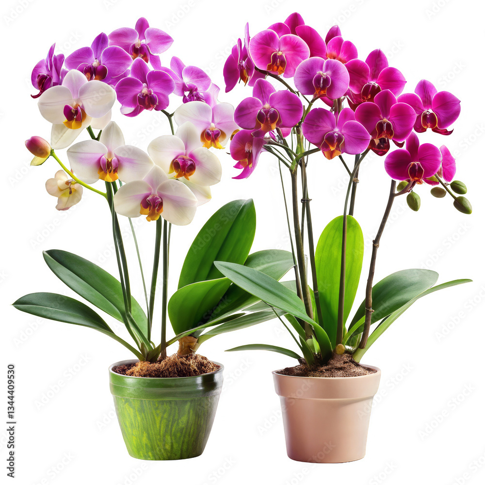 Two Phalaenopsis Orchids in Pots, Isolated on Transparent Background, Flower Arrangement, Houseplant, orchid, phalaenopsis, plant Two Phalaenopsis Orchids in Pots, Isolated on Transparent Background, Flower Arrangement, Houseplant, orchid, phalaenopsis, plant