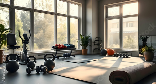 Modern Home Gym with Large Windows and Natural Light