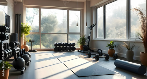 Modern Home Gym with Large Windows and Natural Light