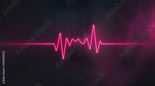 Glowing neon heart rate in front of a dark foggy background. Possible health use