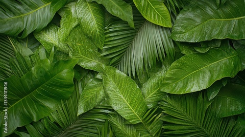Glistening Green Tropical Leaves Background
