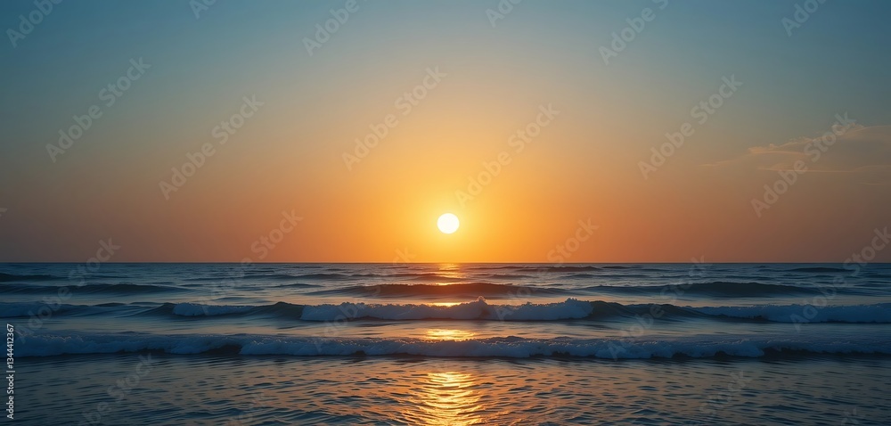 Serene ocean sunset painting a breathtaking canvas of fiery orange and soft blue hues across the waves. Serene ocean sunset painting a breathtaking canvas of fiery orange and soft blue hues across the waves.
